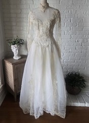 Vtg 80s 90s Beaded Organza High Neck Wedding Gown, S/4, Candlelit Ivory