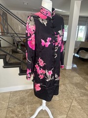 Leonard Of Paris Black Satin Pink Orchids Knee Length Tunic Coat Frog Closure 42