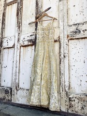 1940s Art Deco Antique Gold Cream Floral Brocade Formal Maxi Summer Dress Gown S