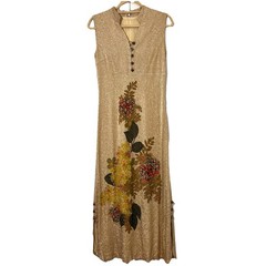 Vintage 70s? Maxi Dress Womens S Metallic Gold Floral Asian Inspired Party