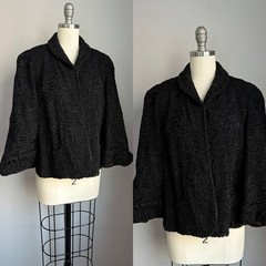 Vintage 1940’s Jet Black Curly Lamb Fur Cape Jacket Coat Size S/M