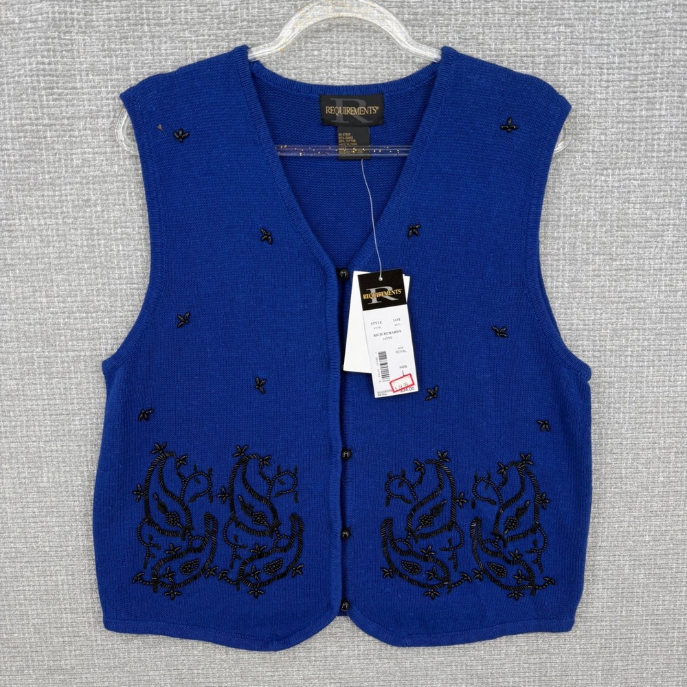Vintage Requirements Beaded Sweater Vest Women L Royal Blue Hand Dark Academia