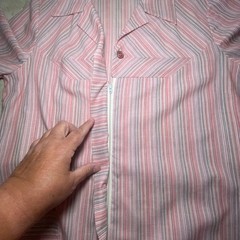 Vintage Striped Shirt Dress 12 1/2 Short Sleeve Pink Blue USA Made Modest