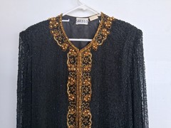 Vintage sz XL black, long formal jacket in black & gold beading. See description