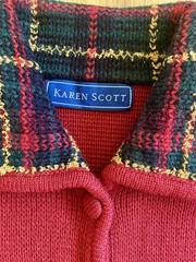 Vintage 80s KAREN SCOTT Plaid Cardigan *Large* Burgundy Knit Sweater Jacket