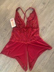 Vintage Shirley of Hollywood Open Crotch Teddy Romper Size M Red Lace New W/tag