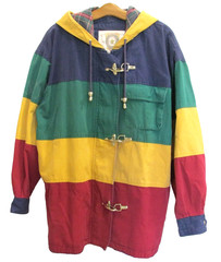 90s Venezia Colorblock Hooded Jacket Lined Raincoat Metal Closures