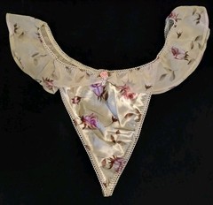 Vintage 90s Green Floral Satin Chiffon Pearl Frilly French Hi-Cut Panties 1X EUC