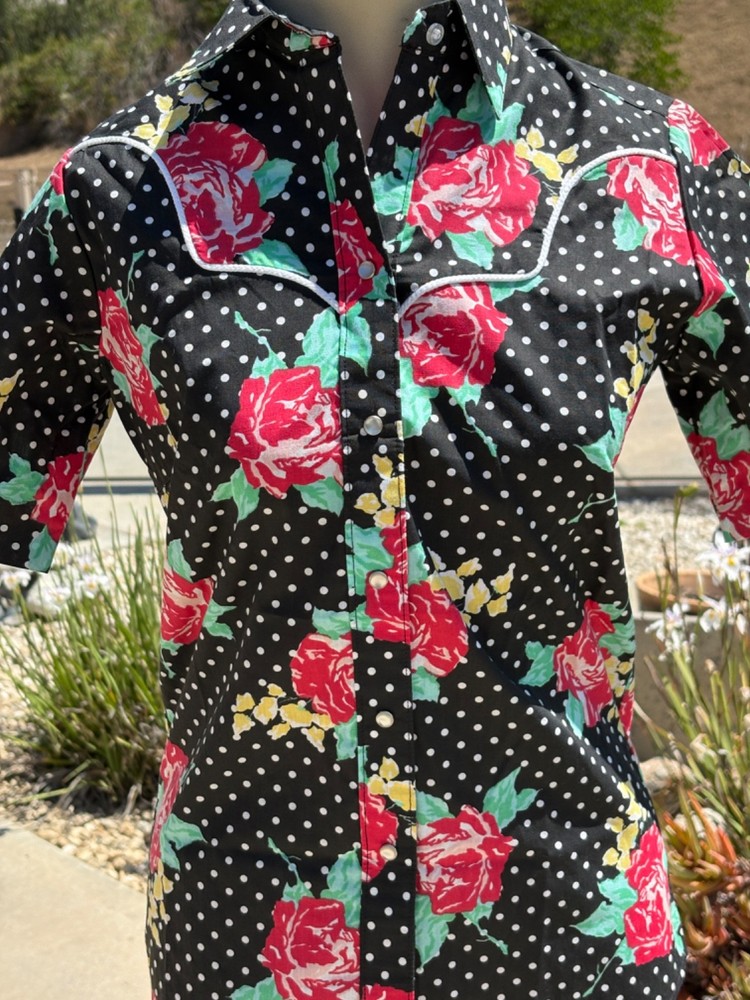 Vintage 80s Rockmount Short sleeve Western Pearl Snap Poka Dot Rose USA XS/S