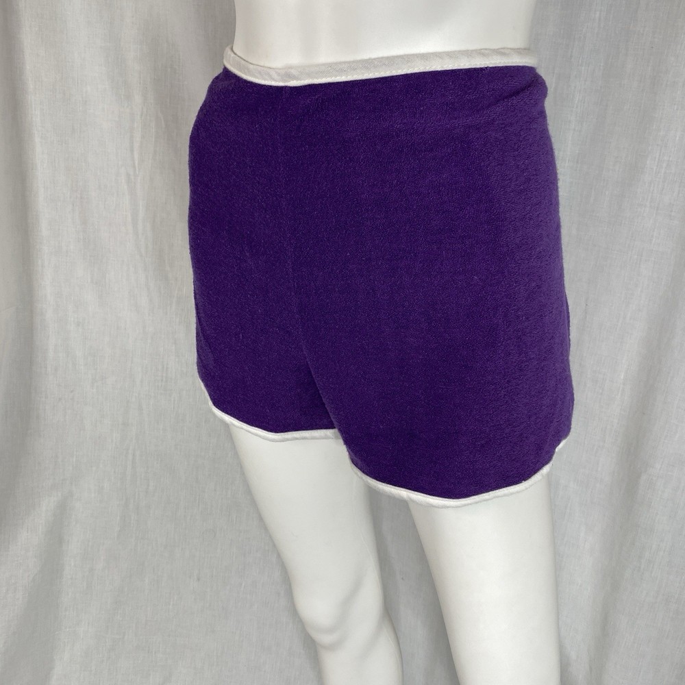 60s 70s purple terry cloth wrap shorts white trim waist 24-28″ hippy beach vtg