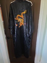 Vintage Asian Golden Deer Silk Dragon Embroidered Chinese Robe Black Kimono Xl