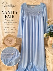 Vanity Fair Vintage Blue Nylon Lace Long Nightgown Made in USA Regular Size Type