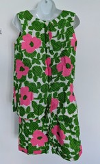 Vtg Made in Hawaii Hawaiian Bright Green Pink Flowers 2pc Set Playsuit 70s L/XL