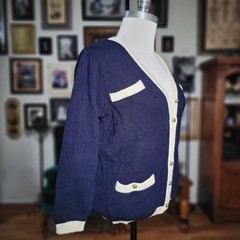 Jaeger Cardigan Navy Blue Vintage 80s Wool Gold Button Preppy British Sweater S