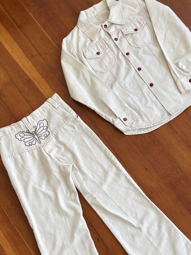 Womens 70s Denim Jacket Bell Bottom Pant Set Embroidered Vintage