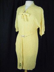 Vtg 60 Lemon Yellow Hand Knitted Acrylic Sheath Dress & Belt-Bust 50/L-XL