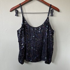 VTG 100% Silk Sequins Beaded Spaghetti Black Strap Top Spell Bound Size Medium
