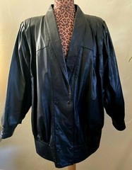 Women’s Leather Coat Black Double Breasted Snap Argentina Mid Length Vintage M L