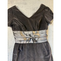 Vintage Black Velvet Cocktail Dress Satin Bow Waist MCM 1950s 1960’s LBD Pinup