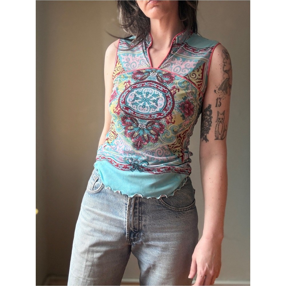 Vintage Y2K ANAC Mesh Tank Top | Pastel Fairy Grunge Floral Sleeveless Top | S