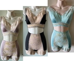Vintage Soft Cup Bra+Girdle Retro-Style Pinup Girl Sets XS or M Black Blue Rose