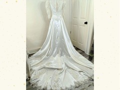 Vtge 80s Wedding Dress: Ivory Satin, Pearls, Sequins, Puff Sleeves, Basque Waist