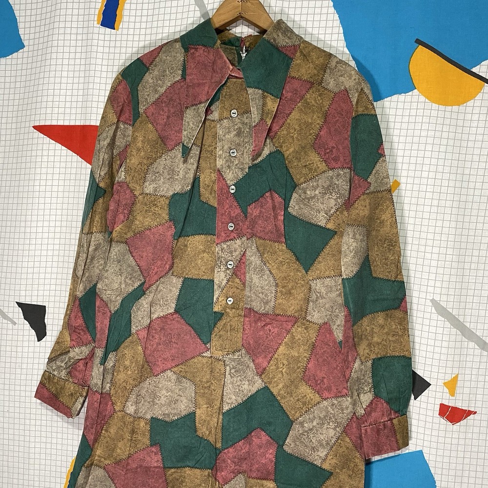 Vintage 40s Patchwork Print Dress Long Collar Gothic Evil Boho Whimsygoth Large