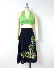 Vintage 1970s Floral Embroidered Black Scalloped Edge Cotton Wrap Skirt