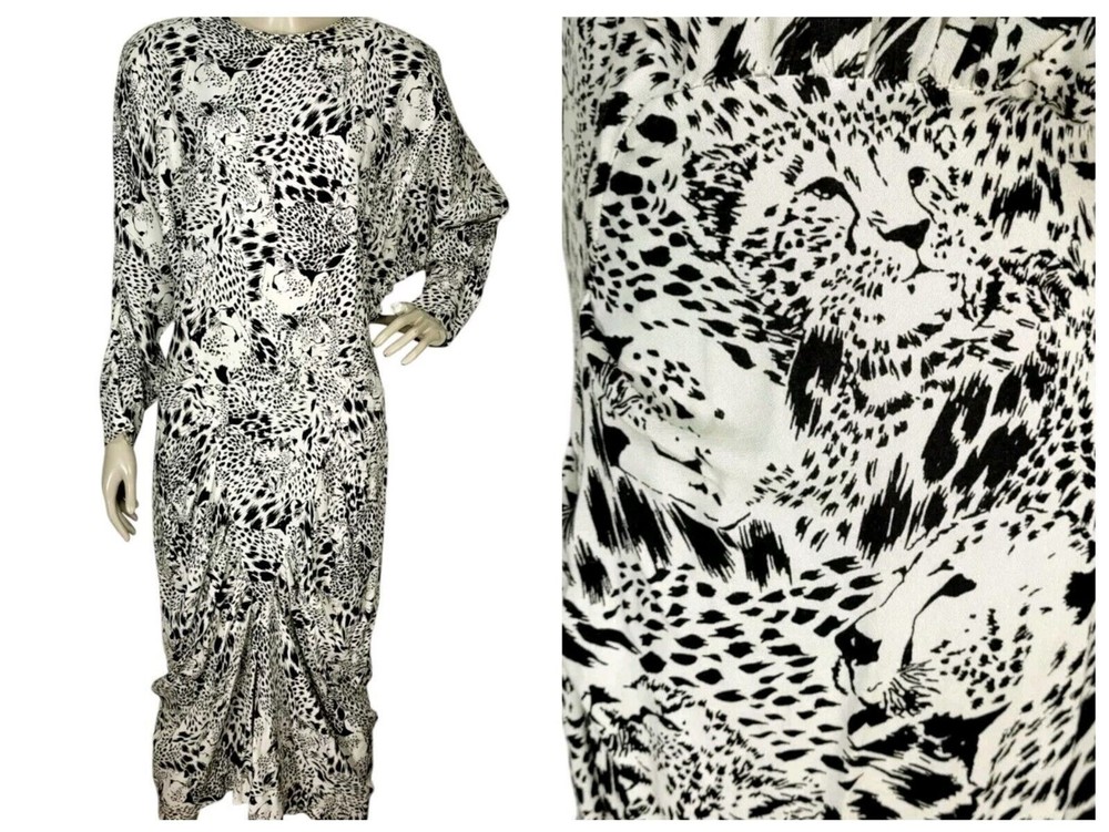 Vintage Ashlee California Cheetah Cat Print Gathered Batwing Sleeve Dress Size 8