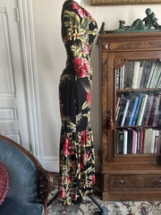 Vintage 1950s Vamp Black Hawaiian Mermaid Fishtail Maxi Dress Floral Barkcloth W