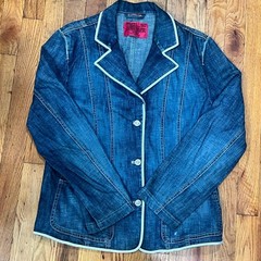 VTG Carol’s Denims Blazer Jacket L Blue Jean White Piping Preppy Cottagecore Y2K