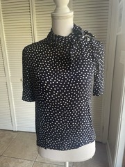 Vintage Perry Ellis Bergdorf Goodman Blue Polka Dot High Neck Tie Blouse Small S