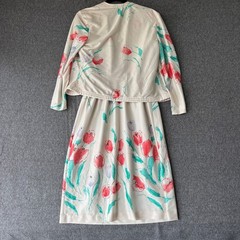 Vintage 70s Floral Tulip Dress and Bolero Jacket Set Cream Red Green 2 Piece Set