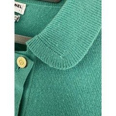 Chanel Vintage Cashmere Skirt Suit Teal Green Gold CC Buttons Scotland Sz 8 10