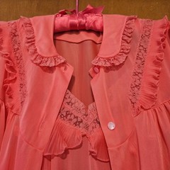 Vtg Luxite Peignoir Lingerie Set Coral pink Chiffon Nylon french lace S/M 1950s