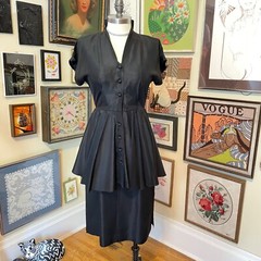 40s Vintage Black Cap Sleeve Midi Length Wiggle Dress with Long Peplum SM MED