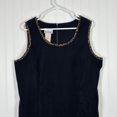 Vintage 90s Faux Suede Sheath Dress Leopard Trim Black Minimalist size 16 Plus