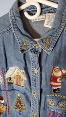 Vintage Bobbie Brooks Christmas Shirt Womens Large Denim Embroidered Tree Santa