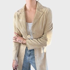 Vintage Y2K Cream Suede Leather Belted Trench Coat size US4/6; EU 36/38