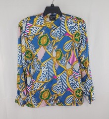 Escada Laurel Vintage Womens 90’s Silk Blue Retro Bold higher end blouse Sz 36
