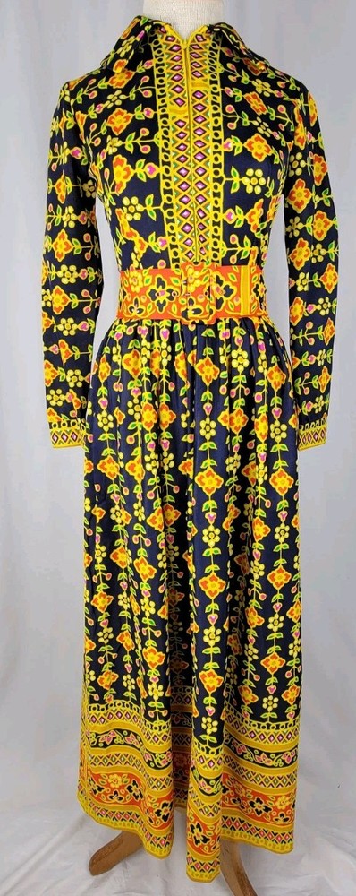 70s Vintage Vtg Yellow Bright Dutch Floral Hostess Maxi Dress Nancy Greer Sz S