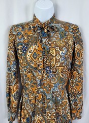 Vintage Blue/Tan/Orange/Brown Patterned Blouson Dress w Tie Collar Size XS/S?