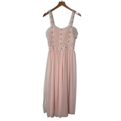 Vintage Rogers Pink Tulle Floral Embroidered Midi Dress Coquette Fairy Womens 34