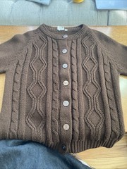 Vintage 1970s Women’s Brown Knit Cabled Acrylic Button Down Cardigan House Coat