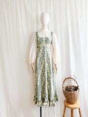 Vintage 70s Butterfly Print Floral Cotton Maxi Green/Ivory Sleeves Lace Dress