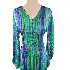 Vintage Anne Crimmins UMI 100% Silk Midi Dress Green Blue Bell Sleeve Size 8
