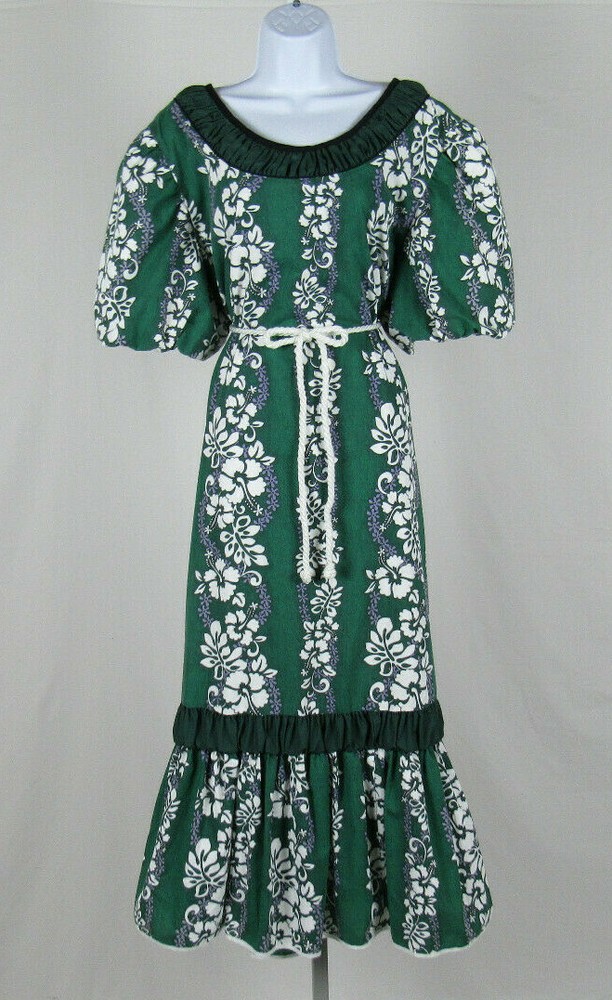 VTG 1960s 70 LUCKY YOU HAWAII FLORAL MUUMUU DRESS GREEN WHITE PURPLE COTTON POLY