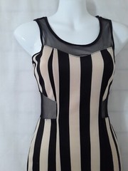Vintage Wet Seal Body Con Mini Dress – Black & Nude Stripe – Mesh Cut outs – XS