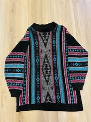 Vintage 1980s Womens Sweater Blue Pink Aztec Geometric Clifton Place Made In USA