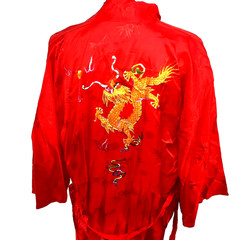 Vintage Golden Bee Silk Asian Embroidered Dragon Kimono Robe Medium Red Gold